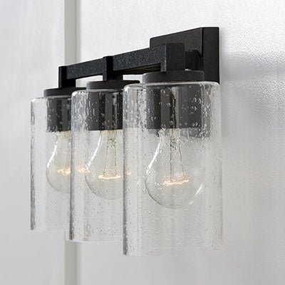 Ravenwood 3-Light Vanity – Black Iron Finish with Clear Seeded Glass