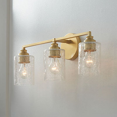 Milan 3-Light Vanity – Vibrant Gold Leaf with Clear Seeded Glass