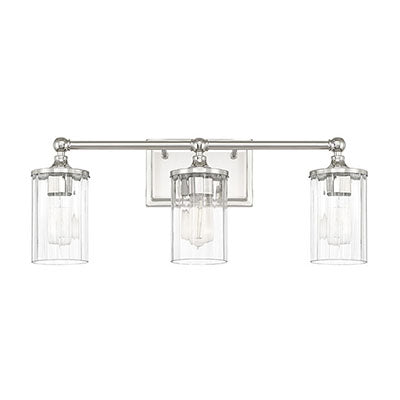 Camden 3-Light Vanity – Polished Nickel with Ribbed Glass Shades