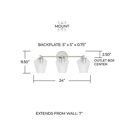 Beau 3-Light Vanity – Polished Nickel with Fluted Glass Shades