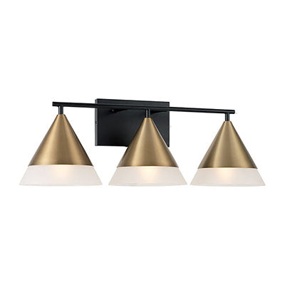 Avant 3-Light Vanity – Aged Brass and Matte Black with Frosted Glass Shades