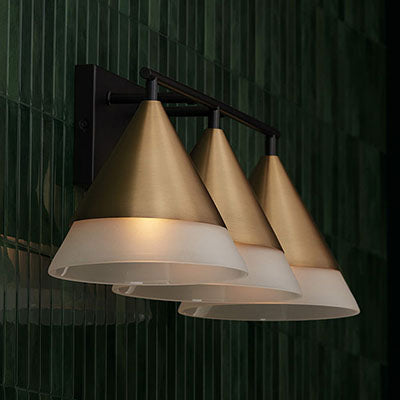 Avant 3-Light Vanity – Aged Brass and Matte Black with Frosted Glass Shades