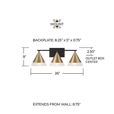 Avant 3-Light Vanity – Aged Brass and Matte Black with Frosted Glass Shades