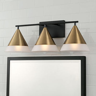 Avant 3-Light Vanity – Aged Brass and Matte Black with Frosted Glass Shades