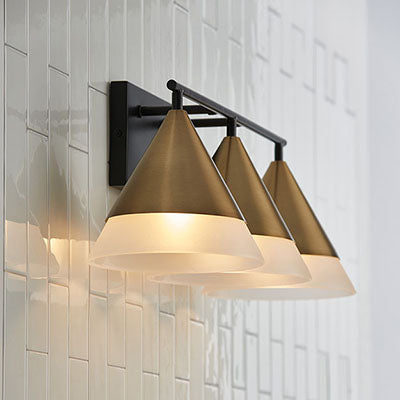 Avant 3-Light Vanity – Aged Brass and Matte Black with Frosted Glass Shades