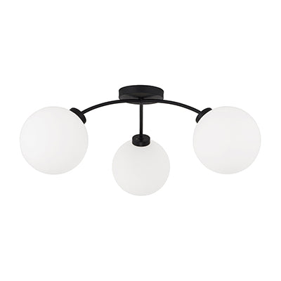 Amos 3-Light Semi Flush Mount – Black Iron with Soft White Glass Globes