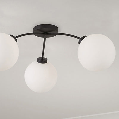 Amos 3-Light Semi Flush Mount – Black Iron with Soft White Glass Globes