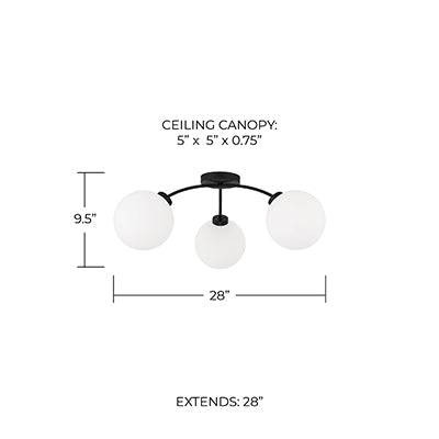 Amos 3-Light Semi Flush Mount – Black Iron with Soft White Glass Globes