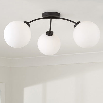 Amos 3-Light Semi Flush Mount – Black Iron with Soft White Glass Globes