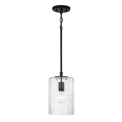 Emerson 1-Light Pendant – Matte Black Frame with Embossed Seeded Glass
