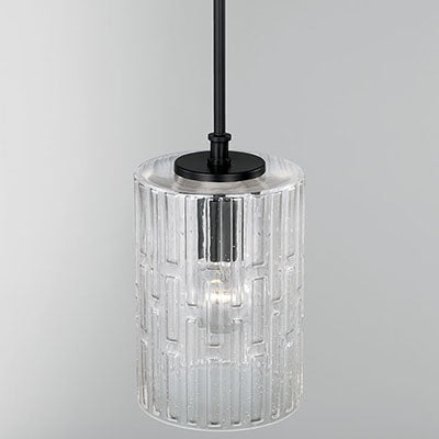 Emerson 1-Light Pendant – Matte Black Frame with Embossed Seeded Glass