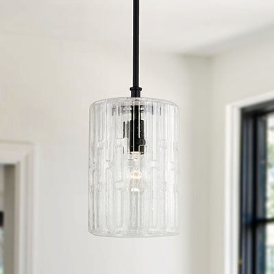 Emerson 1-Light Pendant – Matte Black Frame with Embossed Seeded Glass