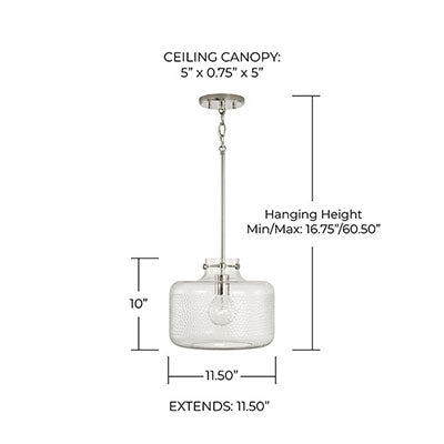 Brighton 1-Light Pebbled Pendant – Polished Nickel with Glass Cloche