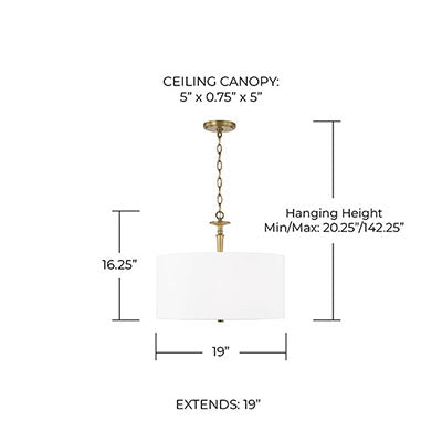Capital Lighting — Abbie 3-Light Pendant with White Fabric Drum Shade and Aged Brass Detailing