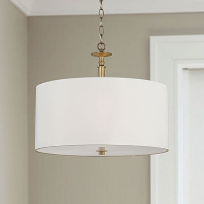 Capital Lighting — Abbie 3-Light Pendant with White Fabric Drum Shade and Aged Brass Detailing
