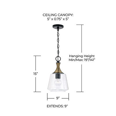 Amara Glass Pendant – Seeded Glass with Matte Black and Brass Accents