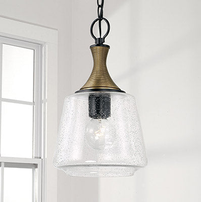 Amara Glass Pendant – Seeded Glass with Matte Black and Brass Accents