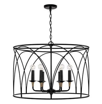 Amara 6-Light Drum Pendant – Matte Black with Brass Accents