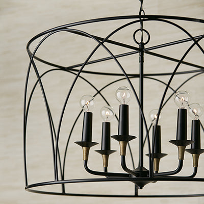 Amara 6-Light Drum Pendant – Matte Black with Brass Accents