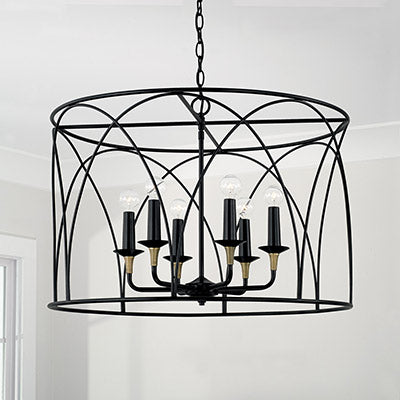 Amara 6-Light Drum Pendant – Matte Black with Brass Accents