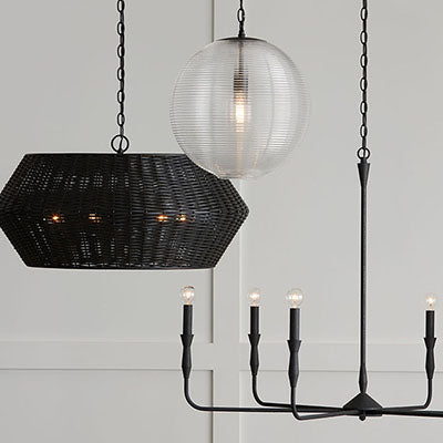 Dolan Pendant – Ribbed Glass Globe with Matte Black Finish