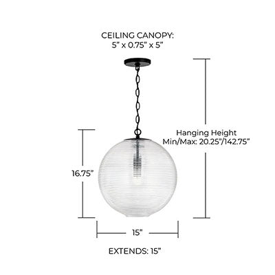 Dolan Pendant – Ribbed Glass Globe with Matte Black Finish