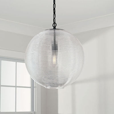 Dolan Pendant – Ribbed Glass Globe with Matte Black Finish