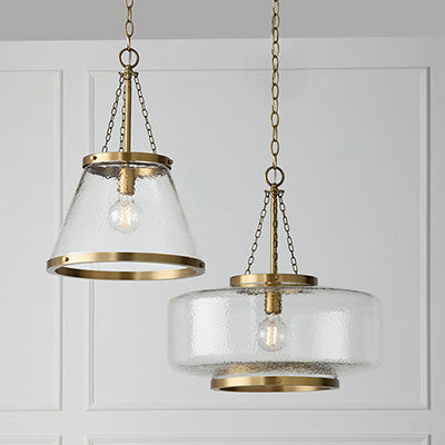 Landon Cloche Pendant – Organic Ripple Glass with Aged Brass Accents