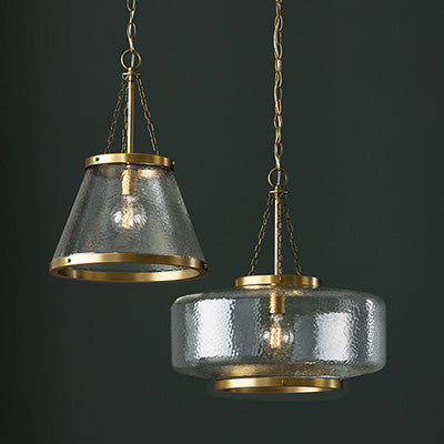 Landon Cloche Pendant – Organic Ripple Glass with Aged Brass Accents
