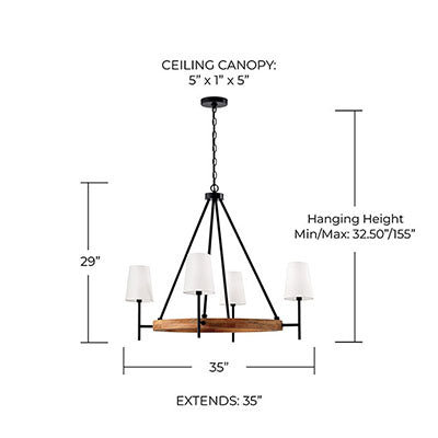 Jonah Medium Chandelier – Mango Wood & Matte Black with Optional Fabric Shades
