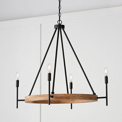 Jonah Medium Chandelier – Mango Wood & Matte Black with Optional Fabric Shades