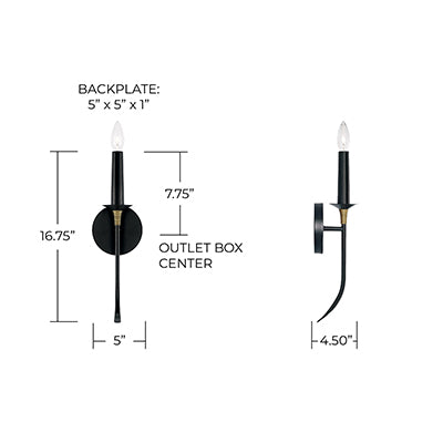 Amara 1-Light Sconce – Matte Black with Brass Wrapped Accent