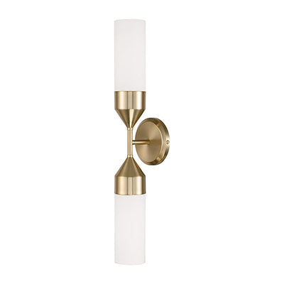 Devon 2-Light Dual Sconce – Matte Brass with Soft White Glass