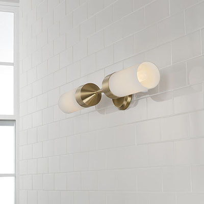 Devon 2-Light Dual Sconce – Matte Brass with Soft White Glass