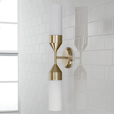 Devon 2-Light Dual Sconce – Matte Brass with Soft White Glass