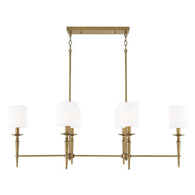 Abbie 6-Light Linear Chandelier in Aged Brass with White Fabric Shades