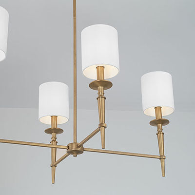 Abbie 6-Light Linear Chandelier in Aged Brass with White Fabric Shades