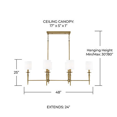 Abbie 6-Light Linear Chandelier in Aged Brass with White Fabric Shades