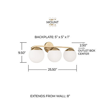 Oliver 3-Light Vanity – Matte Brass with White Glass Globes