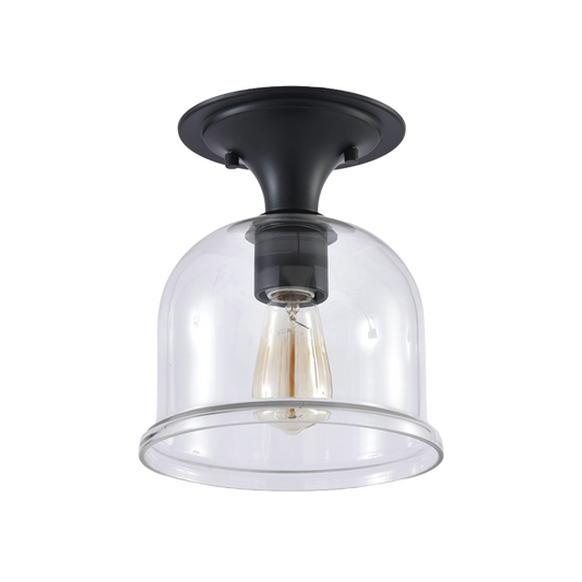 1-Light Matte Black Semi-Flushmount Ceiling Light with Clear Glass Shade – Farmhouse & Industrial Style