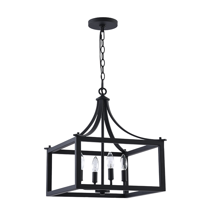 4-Light Matte Black Lantern Pendant Light with Open Cage Metal Shade – Adjustable Hanging Fixture