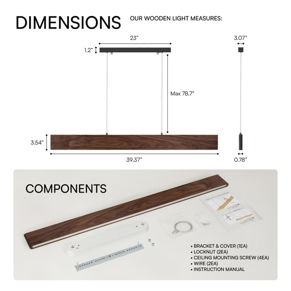 Euri Lighting 39" Linear LED Pendant – Modern IPE Wood Design
