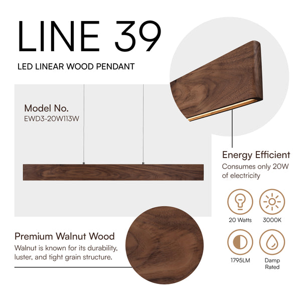 Euri Lighting 39" Linear LED Pendant – Modern IPE Wood Design